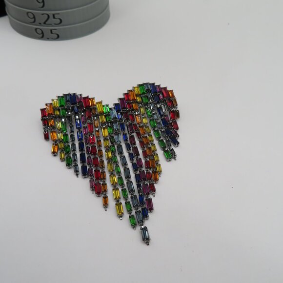 Heart Shaped Rainbow-Colored Baguette Rhinestone Brooch Pin - Picture 7 of 12